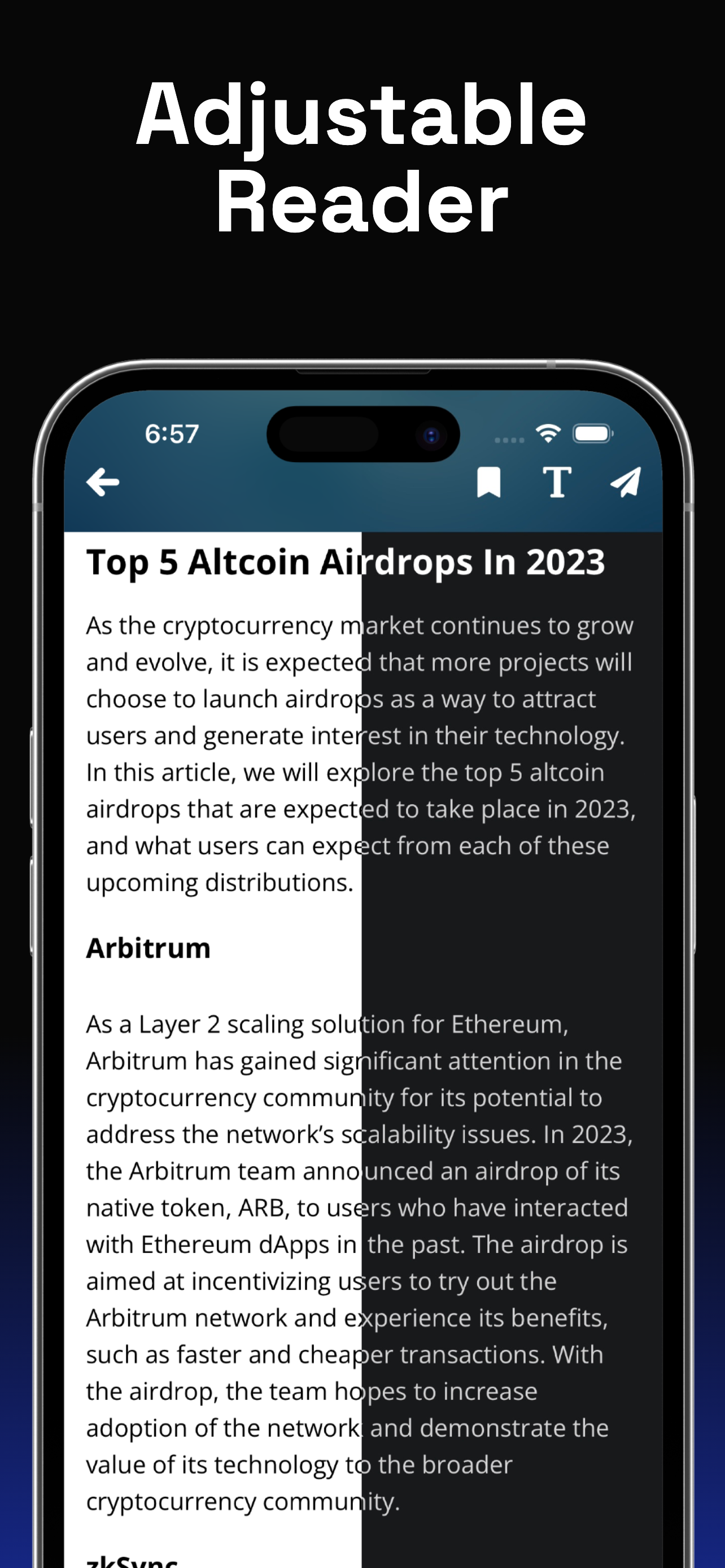 Earlier Cryptolite App Store screenshot showing adjustable text appearance in the article reader
