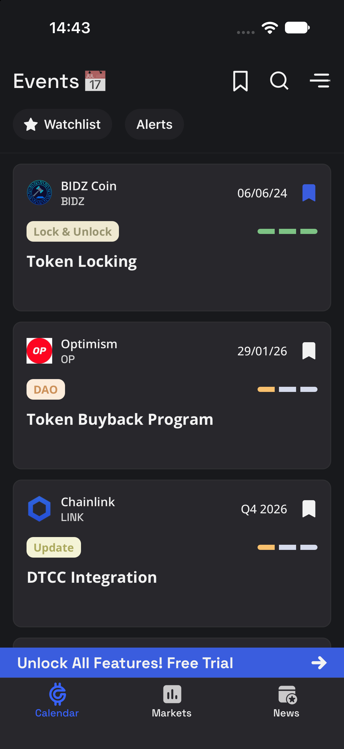 Real Cryptolite event calendar screen on an iPhone, showing event cards, watchlist, alerts and bottom navigation